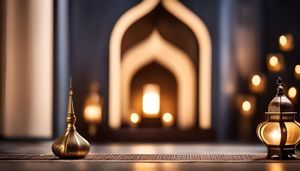 Golden Islamic lanterns glowing in warm candlelight under elegant archways – symbol of quiet luxury