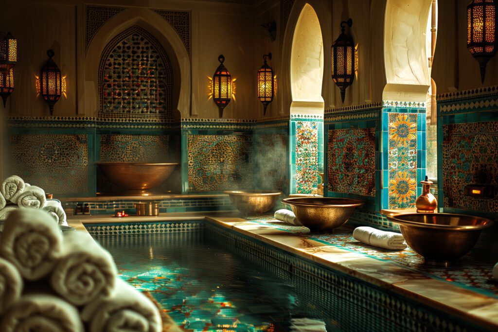 Luxurious hidden hammam with turquoise mosaic, golden copper bowls and ambient steam in Old Dubai