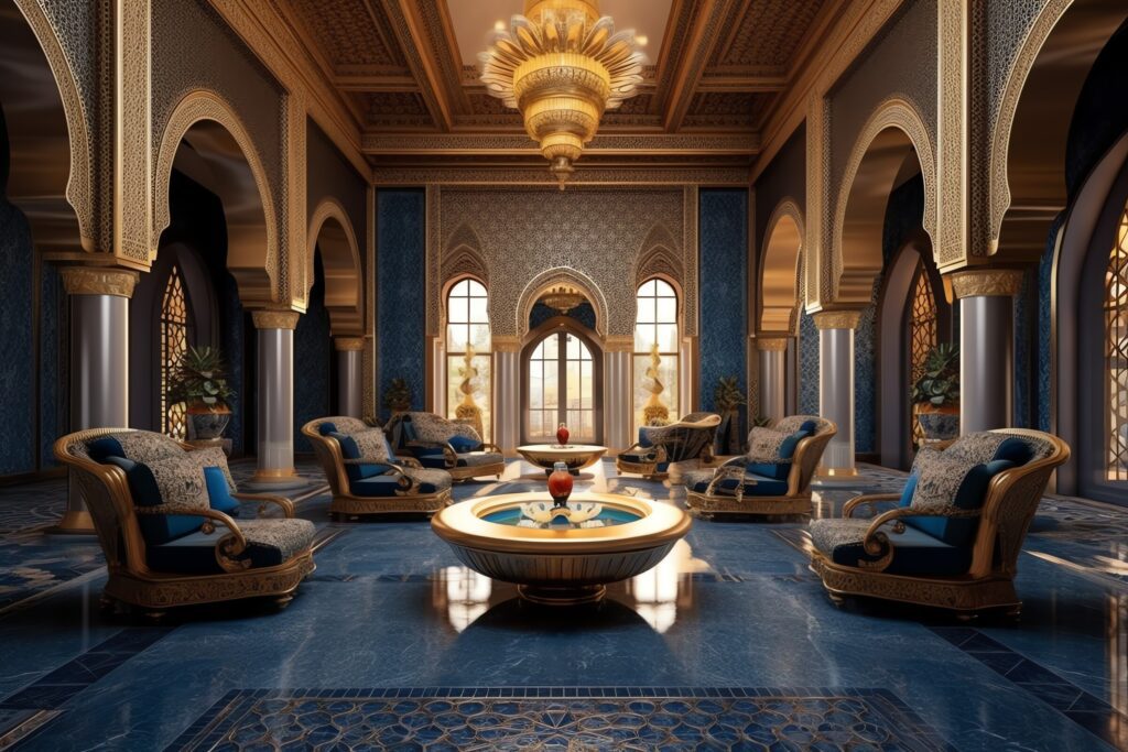 Luxurious Arabic interior with golden chandeliers and blue velvet chairs in a majestic setting