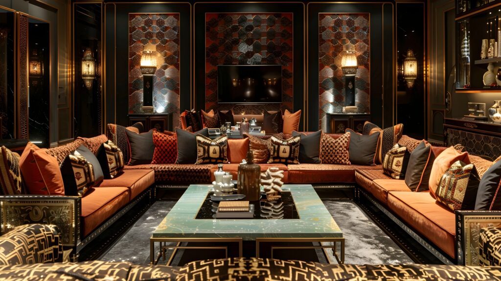Ornate luxury lounge in Dubai with custom décor and velvet seating, reserved for elite clientele