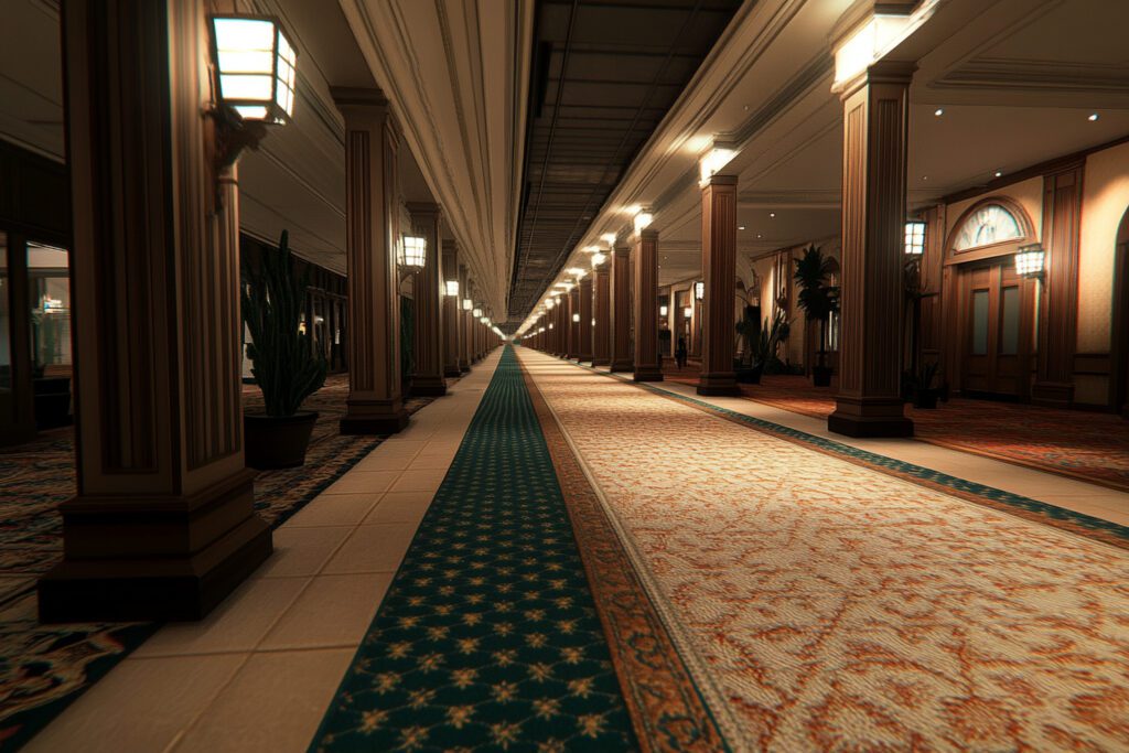 Luxurious hallway with carpet and pillars in a Dubai hotel, evoking quiet elegance and discretion