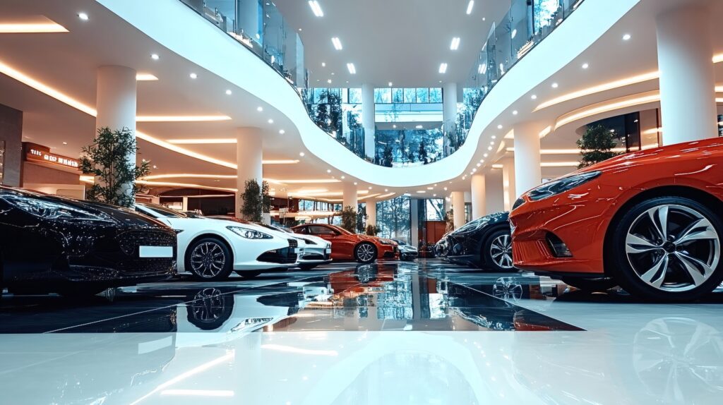 Luxury car showroom in Dubai with premium sports cars