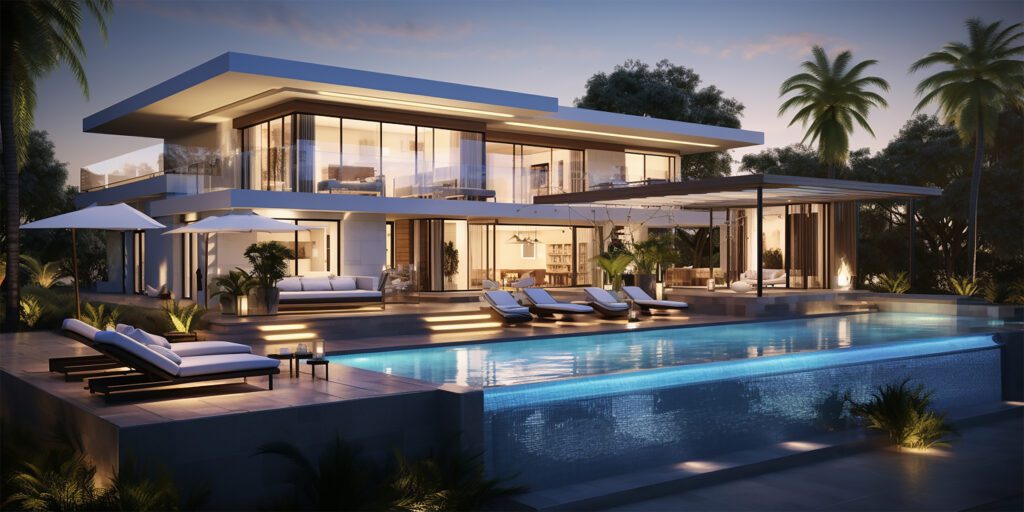 Modern waterfront villa in Dubai with open-plan living and infinity pool