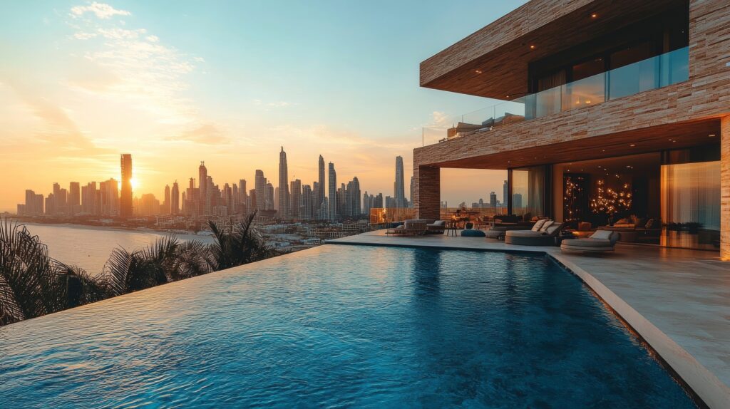 Luxury residence in Dubai with skyline sunset view