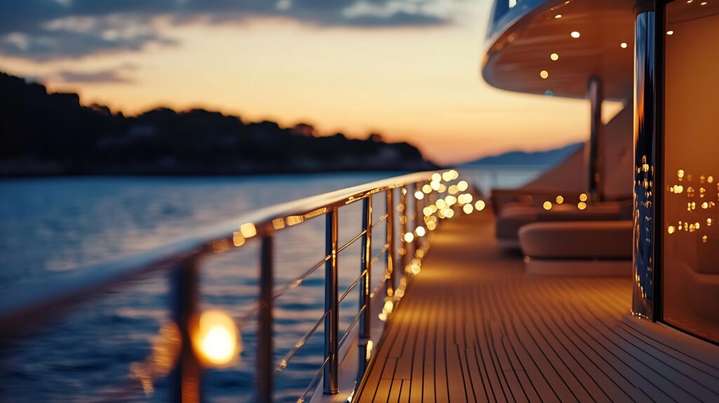Luxury yacht deck glowing at sunset over calm waters
